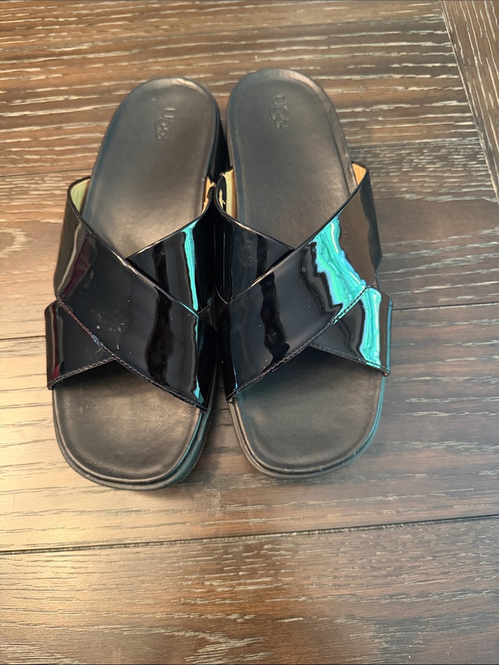 UGG Black Patent Crossband Slide Sandals